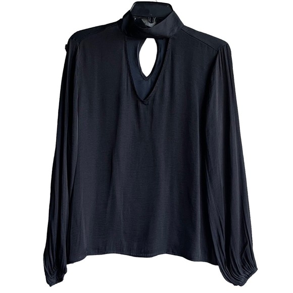 Thalia Sodi Choker Top Black Woven Long Sleeves Blouse Size M NWT Keyhole Button - Picture 9 of 9